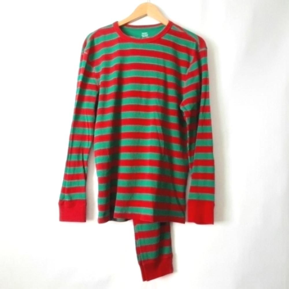 Old Navy pajamas waffle knit thermal red & green stripes 2 piece men sz large